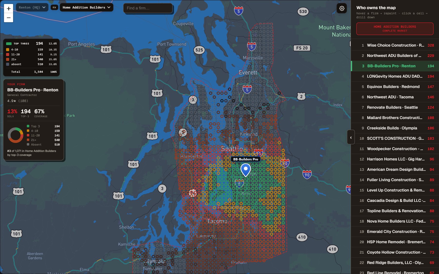 Ranking grid map for the search 'home addition builders' — BB-Builders Pro ranks number 3 of 1,071 by top-3 coverage