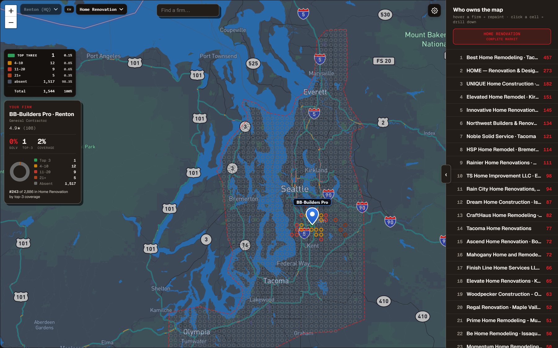 Ranking grid map for the search 'home renovation' — BB-Builders Pro holds 1 top-3 cell of 1,544